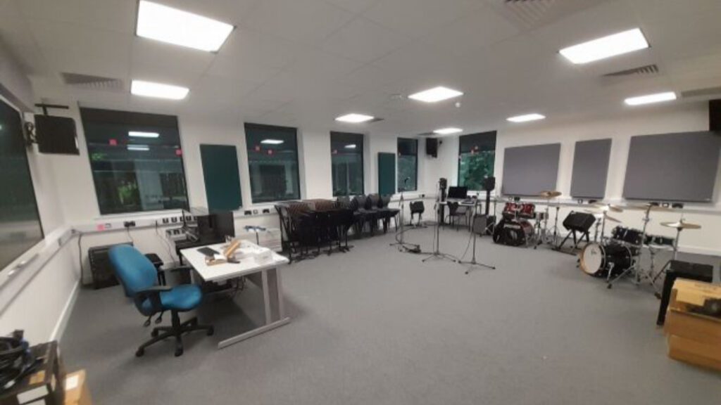 new classroom with musical instruments lined up