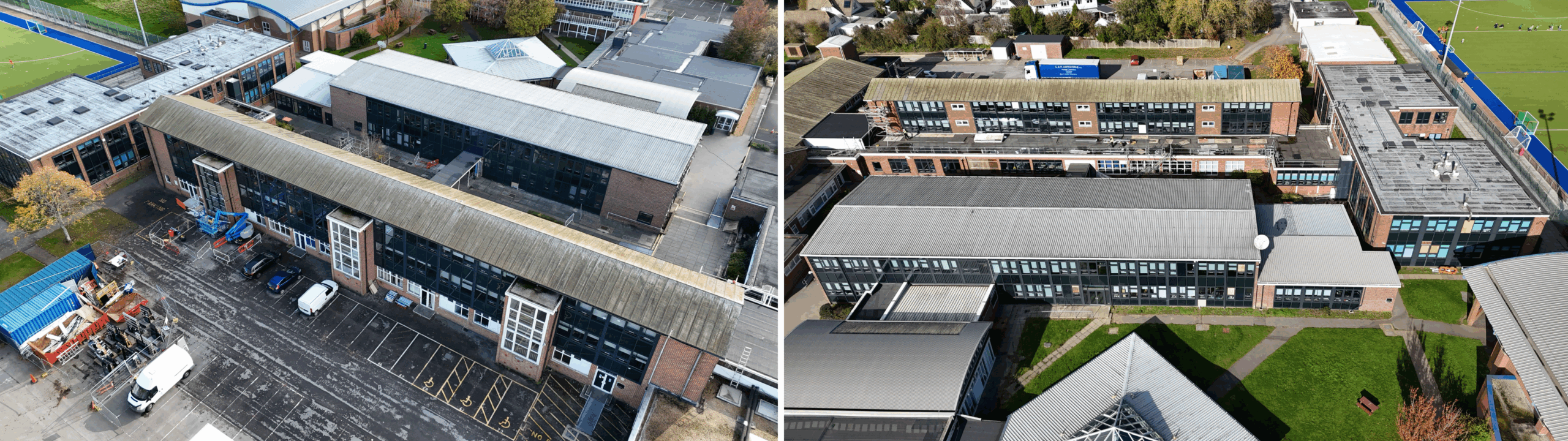 Aerial view of a school campus.